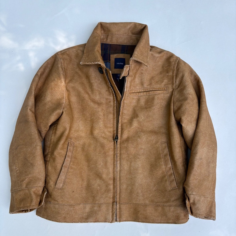 babyGap Toddler Boys Tan Faux Leather Moto Jacket Plaid Lined Brown Size 5T